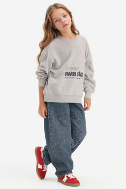 Relax Fit Bisiklet Yaka Bask_l_ Sweatshirt K_z _ocuk - Defacto фото 2