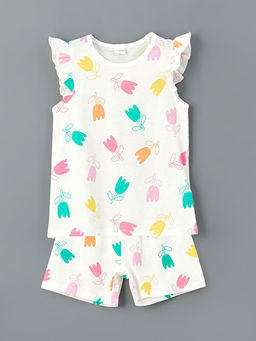 Bisiklet Yaka ?i?ekli K?z ?ocuk ?ortlu Pijama Tak?m?