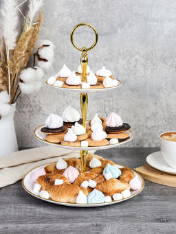 Ваза для фруктов 3-х ярусная 15/20/25 Круг белая золотой обод / D-1245 /уп 65/ Пластик - Галеонтрейд фото 4