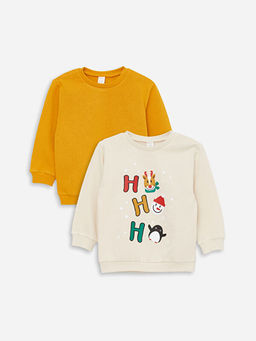 Bisiklet Yaka Bask?l? Uzun Kollu Erkek Bebek Sweatshirt 2li