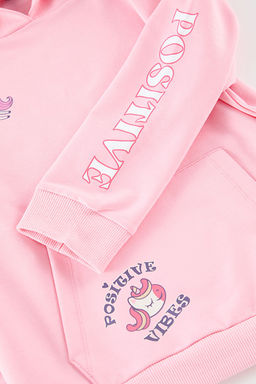 Ac?k Pembe Kapusonlu Mevsimlik Kol Bask?l? K?z Cocuk Duz Orme Sweatshirt TKDAW25SW00130 - Trendyolmilla фото 2