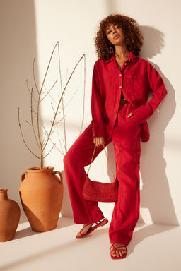 K?rm?z? %100 Keten Oversize Gomlek TWOSS23GO00443
