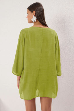 Plaj Giyim Yag Yesili Dokuma Baglama Detayl? Yuksek Bel Mini Bluz-Sort Tak?m TBESS25AU00050