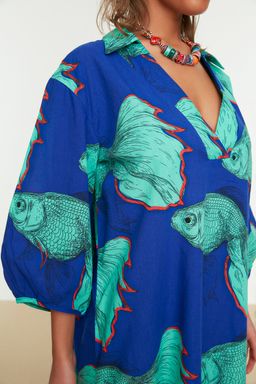 TRENDYOLMILLA Bal?k Desenli Genis Kal?p Dokuma %100 Pamuk Midi Plaj Elbisesi TBESS22EL0009 фото 7