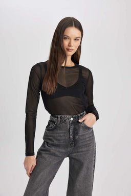 Тюлевая футболка стандартного кроя с круглым вырезом и длинными рукавами - Defacto фото 4