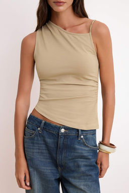 Vizon Fitted/Vucuda Oturan Asimetrik Yaka Kolsuz Pamuklu Esnek Orme Bluz TWOSS26BZ00017