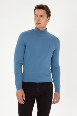 Erkek Slim Fit Yar_m Bal_k__ Yaka Saks Basic Kazak