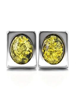 Стильные серьги Фиджи крупные из серебра с натуральным янтарём зелёного цвета