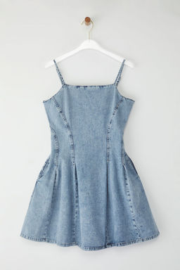 Trendyolmilla Ac?k Mavi Etegi F?rf?rl? Ayarlanabilir Ask?l? Pileli Mini Denim Elbise TWOSS25EL00750  фото 5