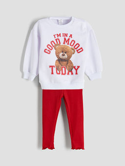 Ay?c?k Bask?l? K?z Bebek Sweatshirt ve Tayt 2li