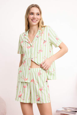 Yesil %100 Pamuk Flamingolu Orme Pijama Tak?m? THMSS26PT00109