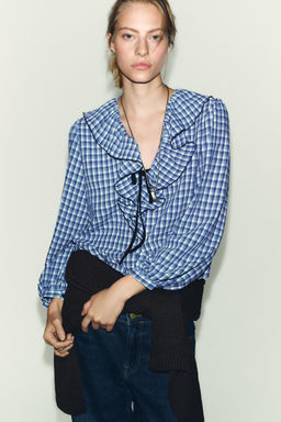 GINGHAM CHECK RUFFLED BLOUSE - Zara фото 2