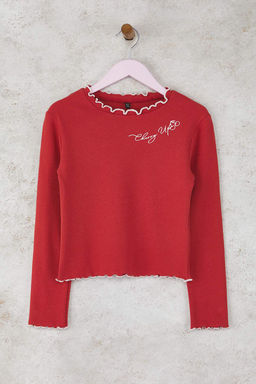 Ekru-Visne K?rm?z? 100% Pamuk 2li Nak?sl? Regular Fitilli Orme K?z Cocuk T-Shirt TKDAW26TS00011 - Trendyolmilla фото 5