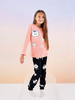 Bisiklet Yaka Bask?l? Uzun Kollu K?z ?ocuk Pijama Tak?m?