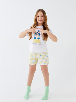 Bisiklet Yaka Bask?l? K?sa Kollu K?z ?ocuk ?ortlu Pijama Tak?m?