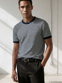 Bisiklet Yaka ?izgili K?sa Kollu Erkek Triko Kazak