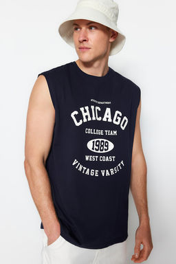 Lacivert Oversize/Genis Kesim Sehir Bask?l? %100 Pamuk Kolsuz T-Shirt/Atlet TMNSS23AL00008