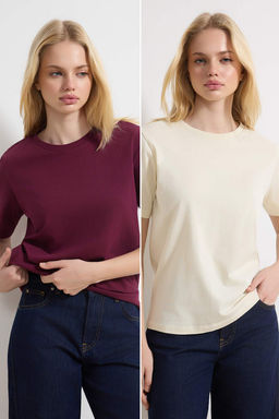 Murdum-Tas %100 Pamuk Bisiklet Yaka 2li Paket Orme T-Shirt TWOSS20TS0141