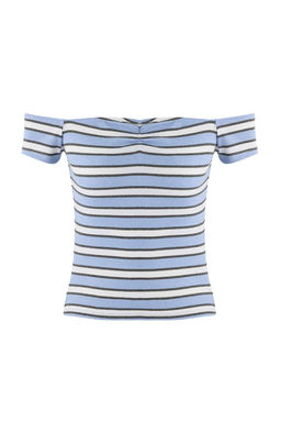 Mavi Cizgili Fitted/Vucuda Oturan Carmen Yaka Buzgulu Fitilli Esnek Orme Bluz TWOSS26BZ00074