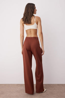 Koyu Kahverengi Yuksek Bel Wide Leg/Genis Paca Pilili Dokuma Kumas Pantolon TWOAW21PL0076