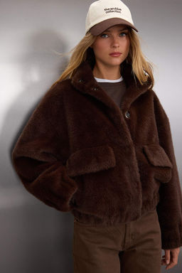 Koyu Kahverengi Oversize Kal?p Pelus Bomber Mont TWOAW26MO00063