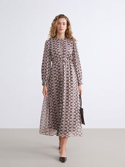 Hakim Yaka Desenli Belden Oturtmal? ?ifon Elbise