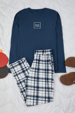 Lacivert Regular Ekose / Kareli Orme Pijama Tak?m? TMNAW26PT00055