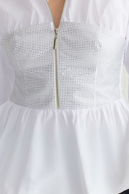 Beyaz Parlak Tas Bask?l? Fermuarl? Poplin Dokuma Gomlek TPRSS25GO00001 - Trendyolmilla фото 4