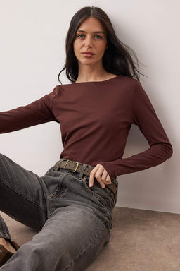 Kahverengi Pamuklu Kay?k Yaka Fitted/Vucuda Oturan Esnek Bluz TWOAW24BZ00166