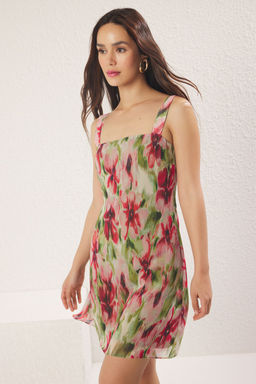 Cok Renkli Soyut A Kesim F?rf?rl? Sifon Ucus Ucus Dokuma Mini Elbise TWOSS25EL00567