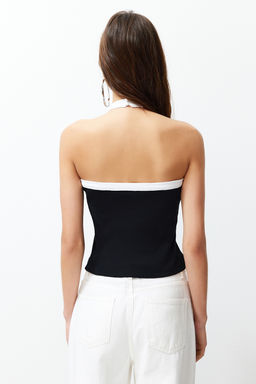 Siyah Renk Bloklu Boyundan Baglamal? Fitilli Esnek Orme Bluz TWOSS24BZ00162