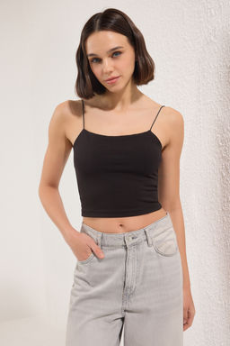 Siyah-Siyah 2li Paket Pamuklu Spagetti Ask?l? Crop Esnek Orme Atlet TWOSS21AL0196