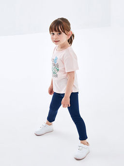 Bisiklet Yaka K?sa Kollu Bask?l? K?z ?ocuk Ti??rt ve Tayt 2li Tak?m