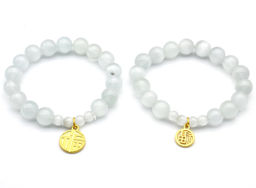 Браслет из кошачьего глаза шарик 6; 10мм цв.белый