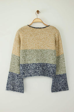 Indigo Dugme Detayl? Crop Yumusak Dokulu Genis Kal?p Renk Bloklu Triko H?rka TWOAW26HI00011 - Trendyolmilla фото 7