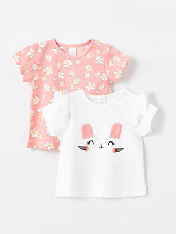 Bask?l? Bisiklet Yaka K?sa Kollu K?z Bebek Ti??rt 2li