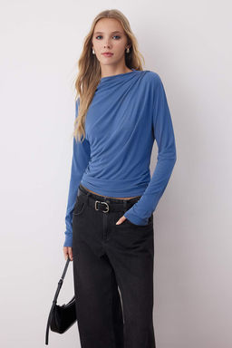 More Sustainable Indigo Modal Kumas Kay?k Yaka Drape/Buzgu Detayl? Orme Bluz TWOAW25BZ00281