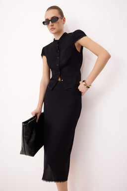 Siyah Slim Fit Gomlek Midi Etek Dokuma Alt - Ust Tak?m TWOSS26AU00105