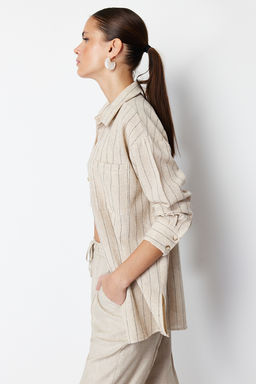 TRENDYOLMILLA Bej Cizgili Oversize Keten Gorunumlu Dokuma Gomlek TWOSS24GO00047  фото 2