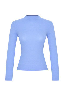 Mavi Fitted/Vucuda Oturan Dik Yaka Uzun Kol Fitilli Esnek Orme Bluz TWOAW21BZ0423