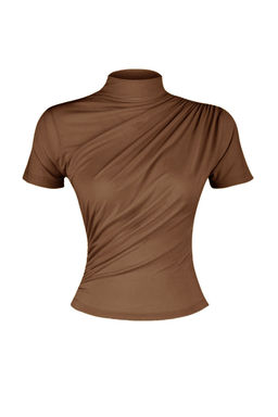 Kahverengi Drape Detayl? Fitted/Vucuda Oturan K?sa Kollu Dik Yaka Esnek Orme Bluz TWOSS24BZ00426