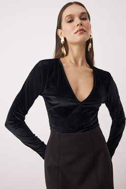 Siyah Duz V Yaka Uzun Orme Kadife Body TPRAW26BD00027 - Trendyolmilla фото 2