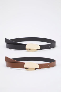 Siyah-Taba 2li Paket Deri Gorunumlu Kad?n Kemer TWOSS25KE00016