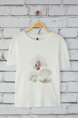 TRENDYOLMILLA Ekru Bask?l? Fitted/Vucuda Oturan Orme T-shirt TWOSS25TS00108  фото 5