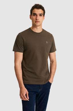 Erkek Regular Fit Bisiklet Yaka Koyu Haki Basic Ti__rt