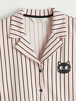 G?mlek Yaka ?izgili Kad?n Pijama Tak?m