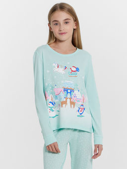 Комплект для девочек (джемпер, брюки) новогодний голубой с белыми снежинками - Mark formelle фото 3