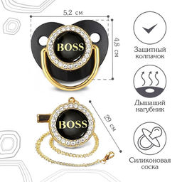 Соска - пустышка силиконовая ортодонтическая M&B «BOSS», от 6 мес., с колпачком, держатель - цепочка, черный/золото, стразы