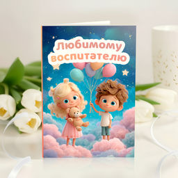 Открытка 4 шоколадки "Любимому воспитателю (дети и облака)"