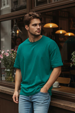 Zumrut Yesili Oversize/Genis Kesim Basic %100 Pamuklu Tok Kumas T-shirt TMNSS22TS0318